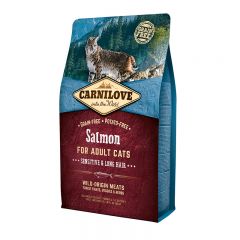 Carnilove Cat Salmon Sensitive & LongHair сухой беззерновой корм с лососем для взрослых кошек с чувствительным пищеварением и длинношерстных кошек